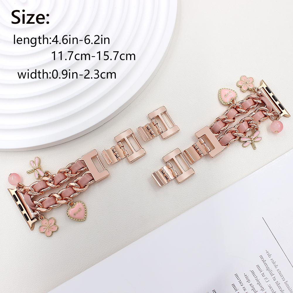 Watch Strap for Apple Watch Series 10 Ultra 9 8 7 SE 6 5 4 3 2 1 46mm 49mm 45mm 44mm 42mm Alloy+Leather Band with Butterfly and Flower Pendant