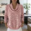Loose Fit Top Women Tops Swing Collar Long Sleeve Shiny Rhinestones Pullover Basic Solid Color Flash Design Casual Blouse Daily Wear Relaxed