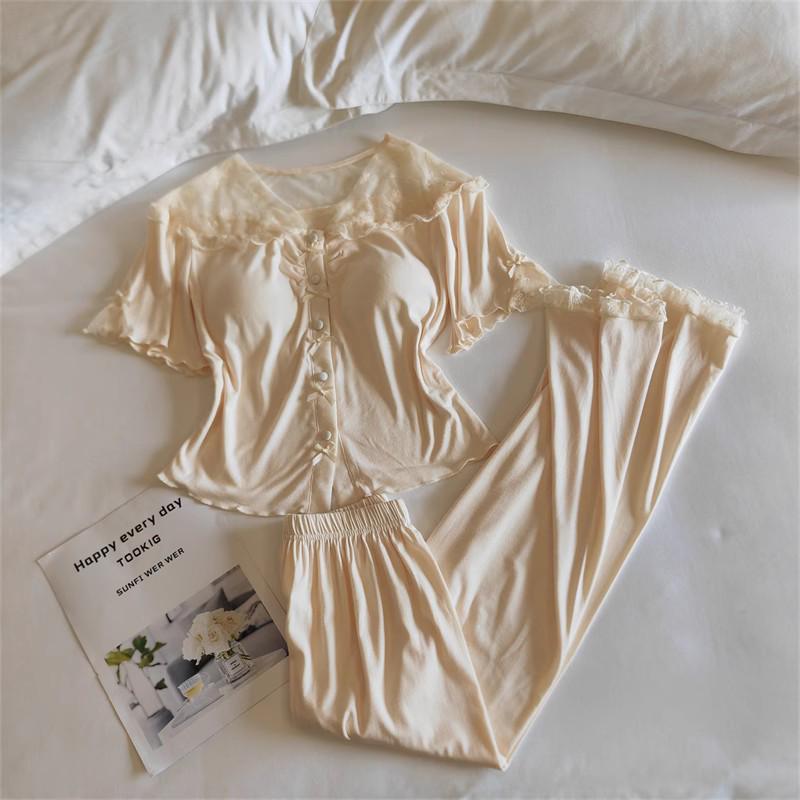 Women's Summer Modal Pajama Set with Chest Pad - Short Sleeve, Lightweight, for Spring and Autumn