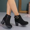 Large size boots women's autumn and winter round head belt buckle Martin boots side zipper thick heel high heel short boots