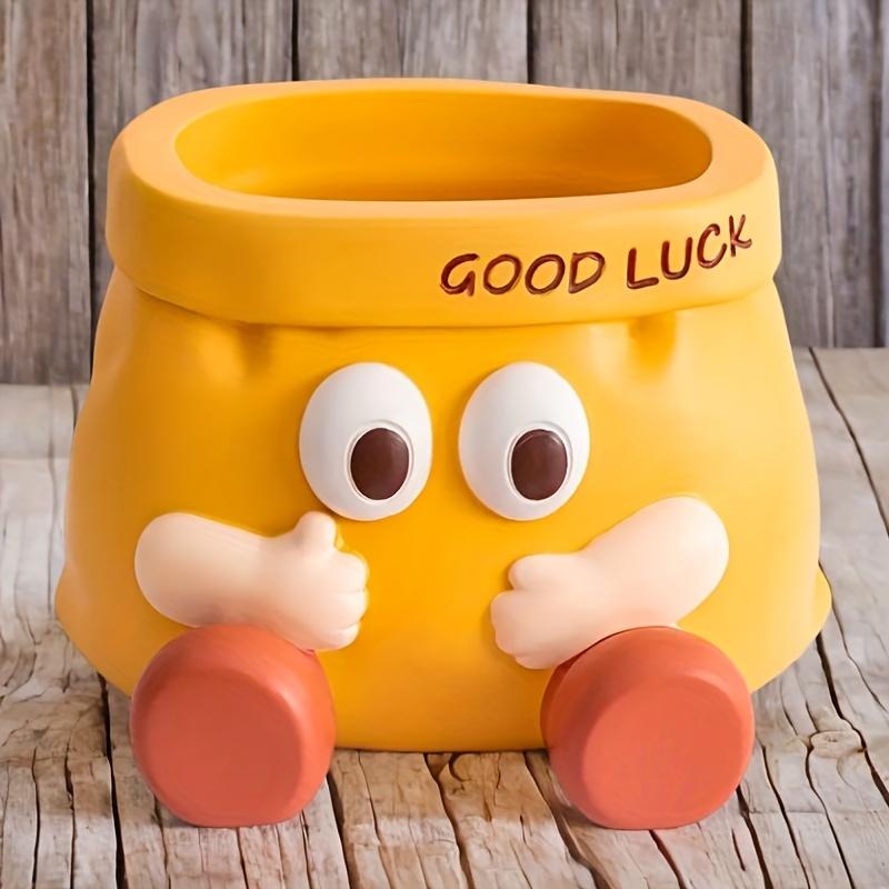 Good Luck  Resin Desk Organizer with Cute Face ,Multi-Compartment Pencil Holder, Scissors ,Eyeglasses Storage, Vibrant Yellow with Red Accents