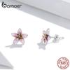 BAMOER Genuine 925 Sterling Silver Elegant Enamel Pink Cherry Blossom Stud Earrings for Women Flower Wedding Jewelry Gift