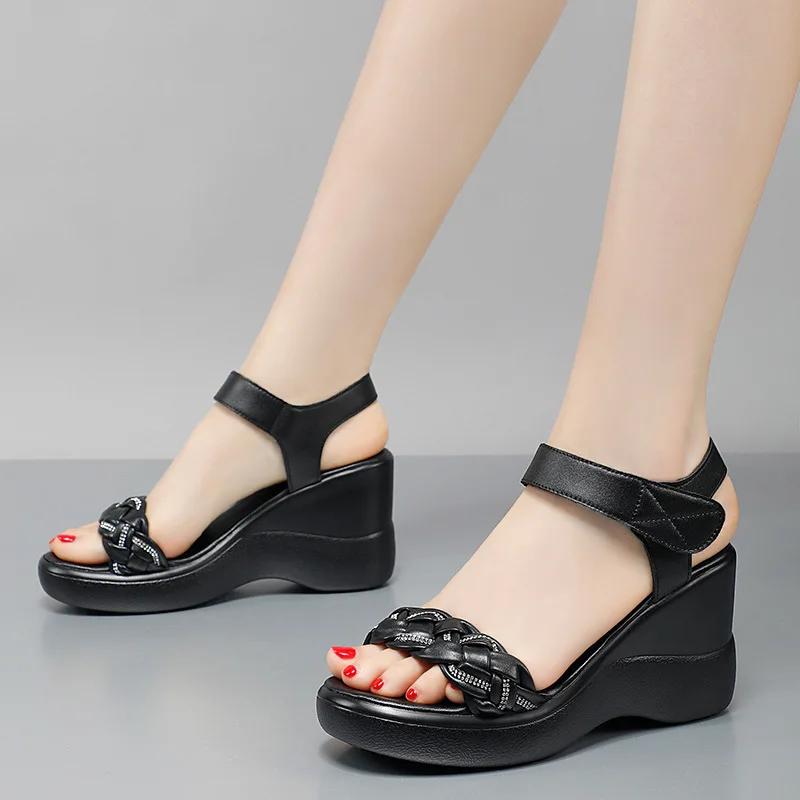 9cm Small Size 33-43 All Match Rhinestone Soft Leather Sandals Platform Shoes 2025 Summer High Heels Wedges Sandals Office Mom