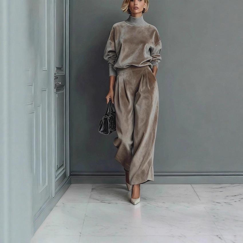 Women S Velour Tracksuit Long Sleeve High Neck Solid Wide Leg Pants