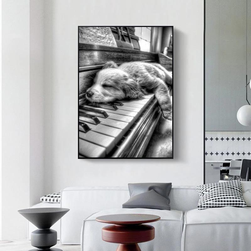 Piano Blanco y Negro con Flores Animal Perro Gato Mascota Música Pintura en Lienzo Pósteres e Impresiones Arte de Pared Imagen de Mujer Decoración para el Hogar