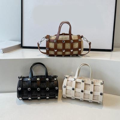 Retro Rivet Crossbody Bag For Women Boho Hollow Out Straw Handbag Lady Girls Shoulder Phone Purse Small Round Bag