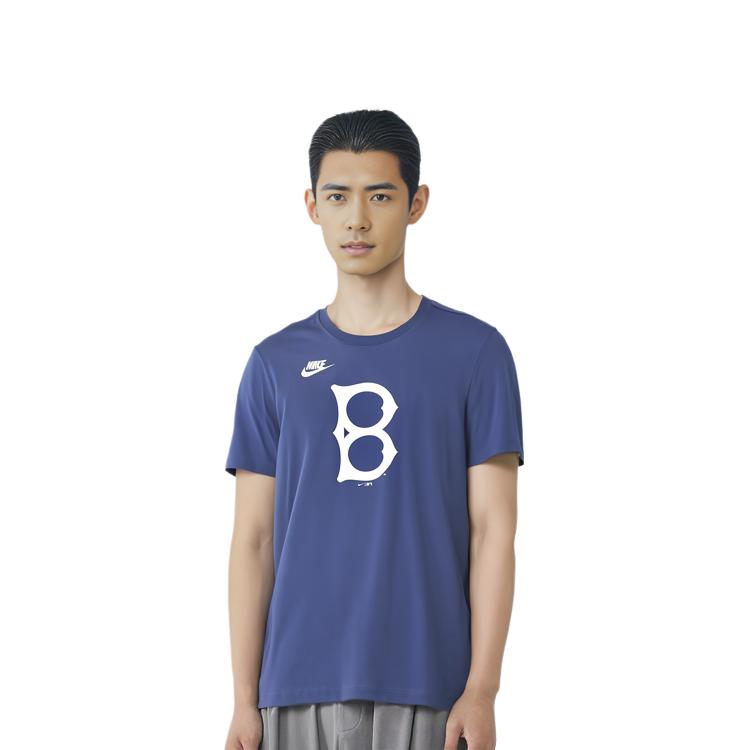 Nike X MLB Collaboration Letter Logo Print Round Neck Short Sleeve T-Shirt Men Tops Blue N1994EWKB-UTY
