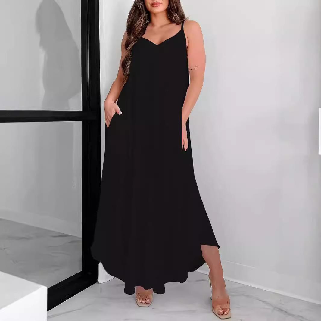 

Женское однотонное повседневное свободное длинное платье с V-образным вырезом на подтяжках XXL чёрный