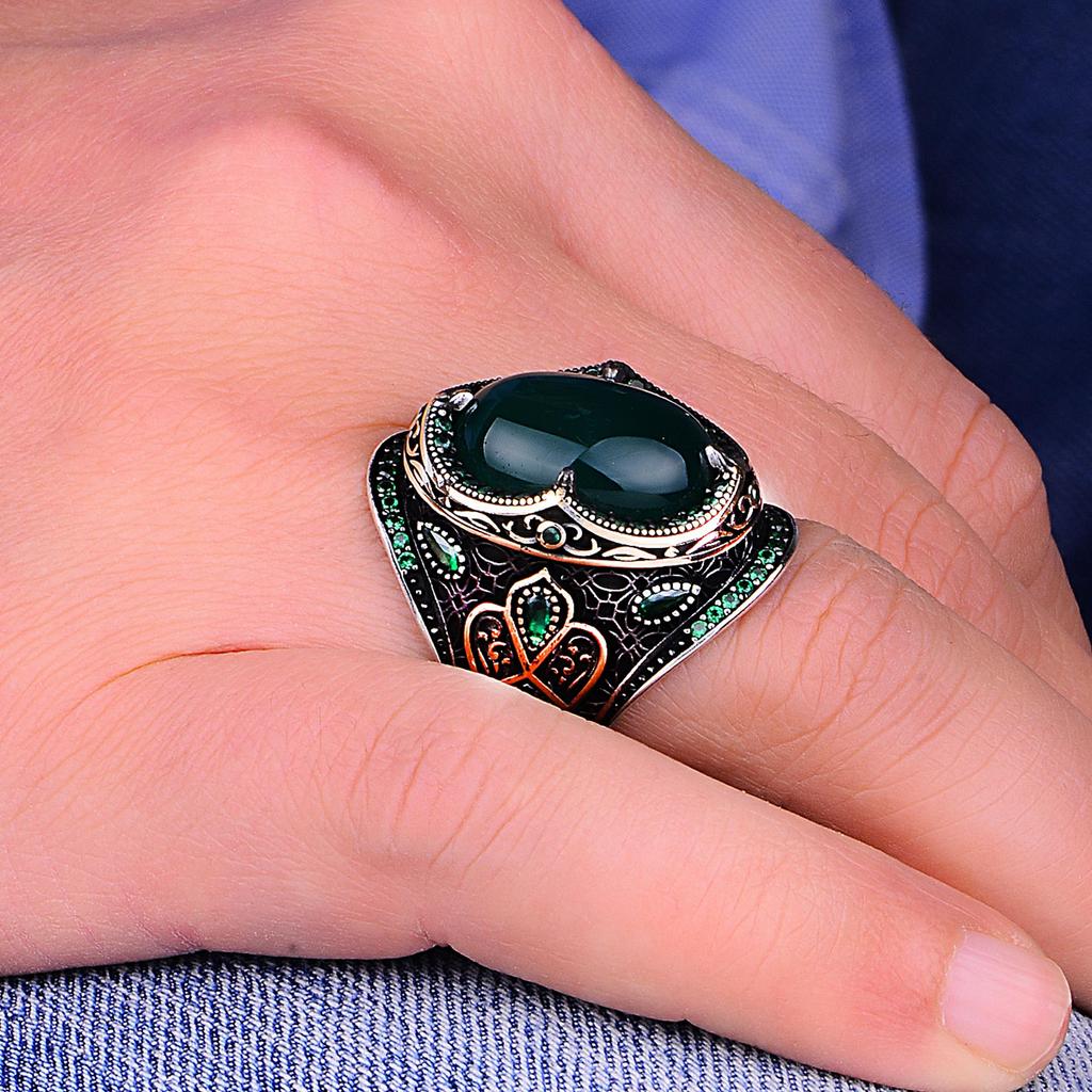Pierścionek męski ze srebra próby 925 K Jadeit, ręcznie robiony turecki projekt osmański, wyjątkowa biżuteria w stylu historycznym, rzemieślnicze oświadczenie dla niego