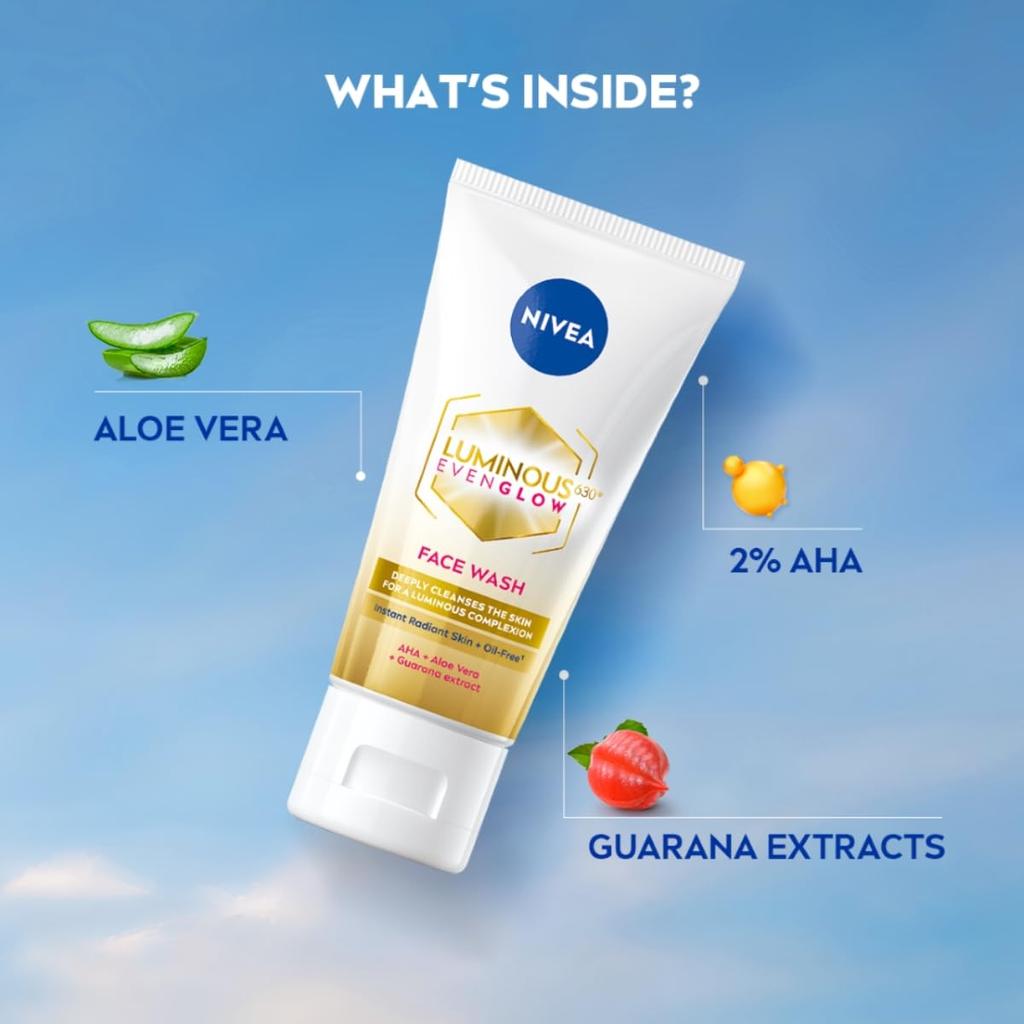 NIVEA Luminous Even Glow Face wash with an oil free formula, infused with AHA, Aloe vera, Deeply cleanses | 100ml