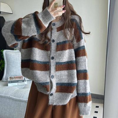 Korean Version Loose Lazy Style Casual Vintage Color Block Stripe Knitted Cardigan Sweater Women's Top Coat