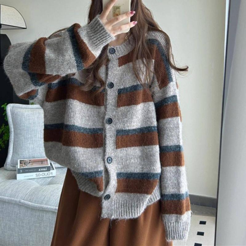 Korean Version Loose Lazy Style Casual Vintage Color Block Stripe Knitted Cardigan Sweater Women's Top Coat