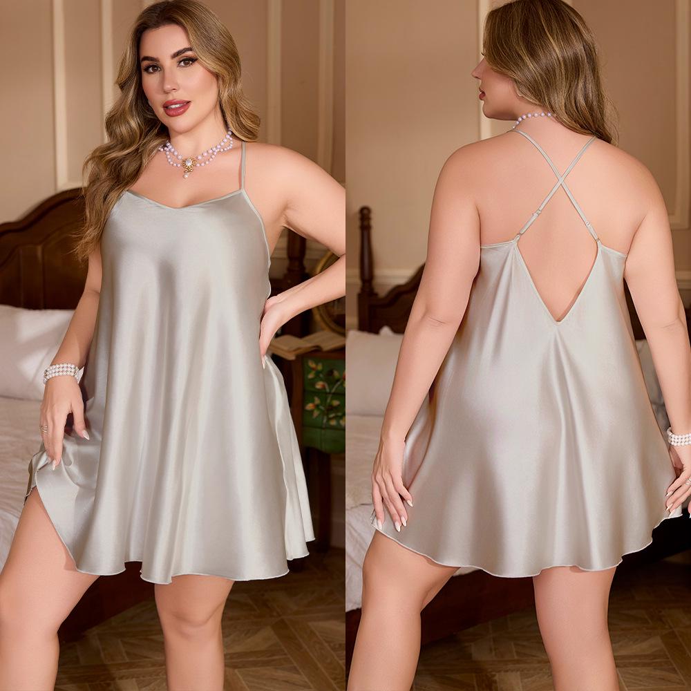 Evropská a americká noční košile plus size z ledového hedvábí na špagetová ramínka pro ženy - Jednobarevné domácí oblečení