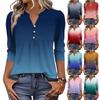 Women's Fashionable Casual Color Block Gradient Print V-Neck Button Three-Quarter Sleeve T-Shirt Top