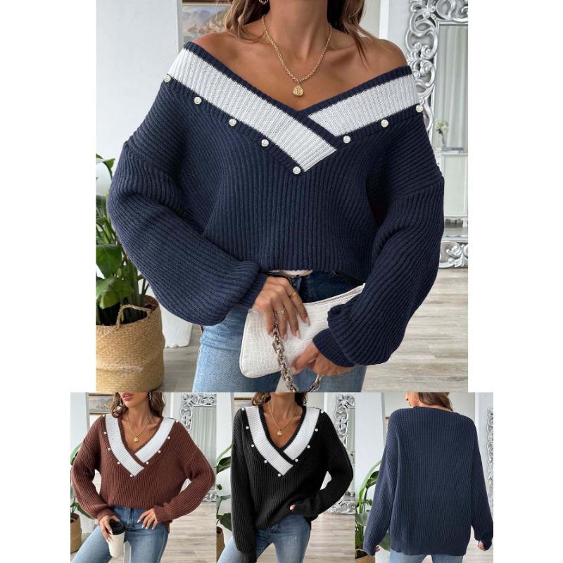 Women S Loose Fit V Neck Beaded Long Sleeve Pullover Sweater