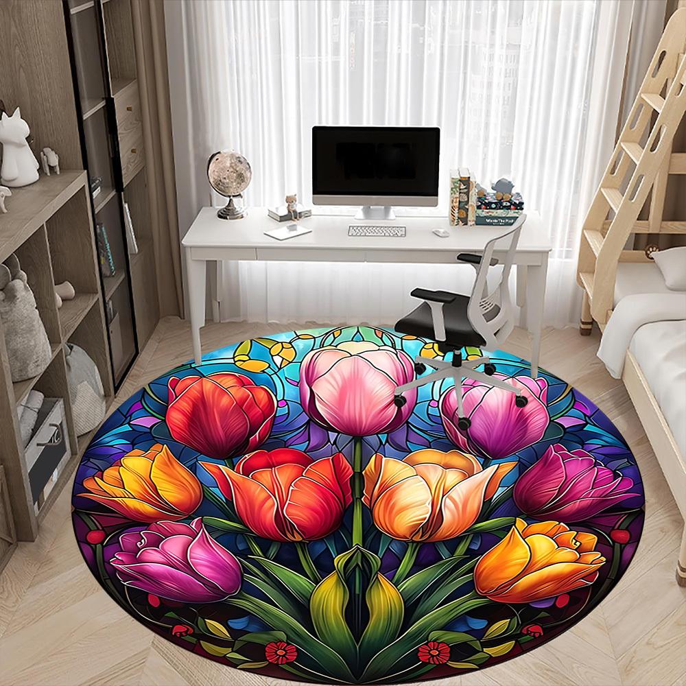 1pc Tulip StainedGlass Office Round Area Rug, Indoor Mat Suitable ForOffice, Under Office Chairs Bedroom Living Room Home Decor, D116