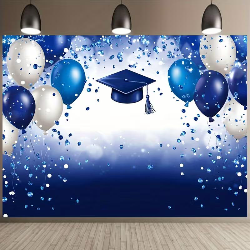 2D College Graduation Backdrop, Elegant Blue Themed Balloons & Cap Banner