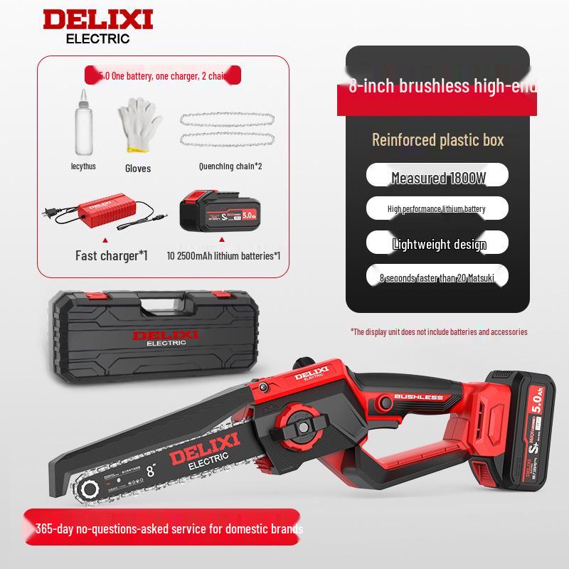 Delixi Cordless Brushless Electric Chainsaw: High-Power, Handheld Lithium Battery Saw for Home Tree Cutting.