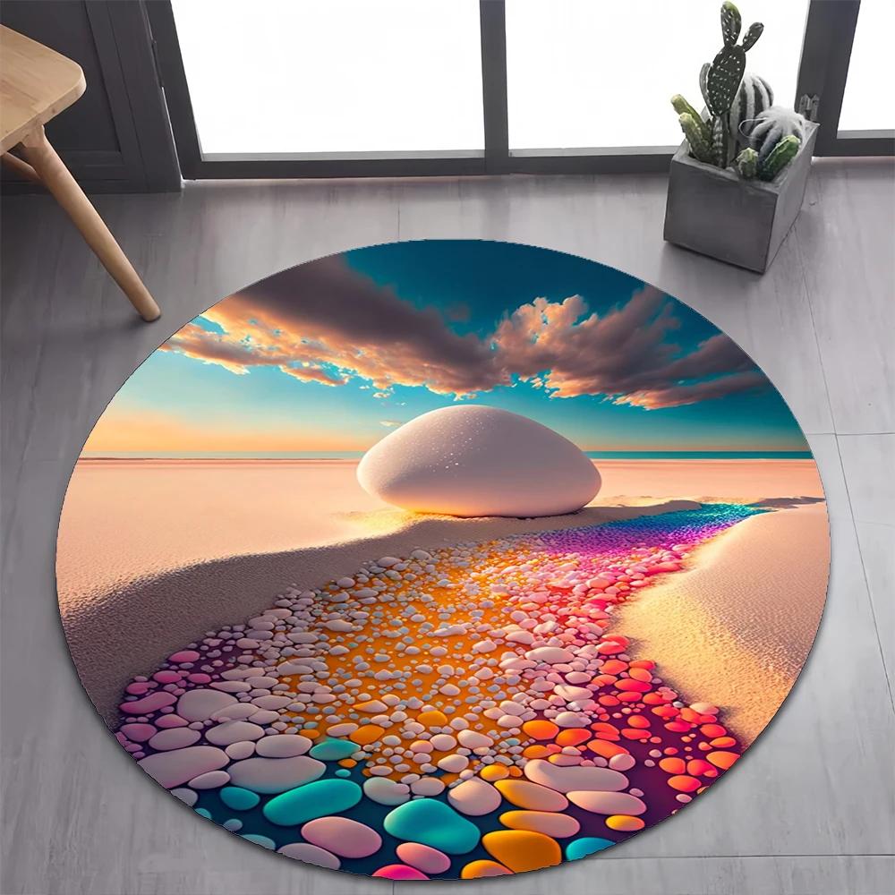 2025 New Style Colorful Rainbow Pebble Road Beach Stone Round Carpet Rug for Bedroom Living Room Decoration,pet Decor Floor Mat