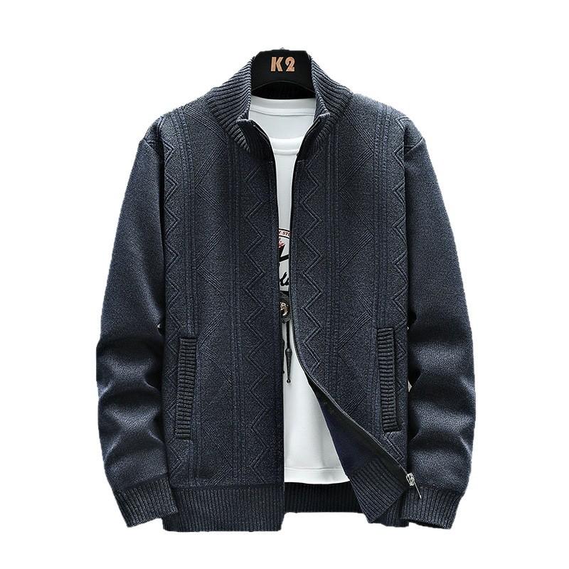 Autumn Winter New Sweater Cardigan Stand Collar Jacket Men's Velvet Thickened Trendy Casual