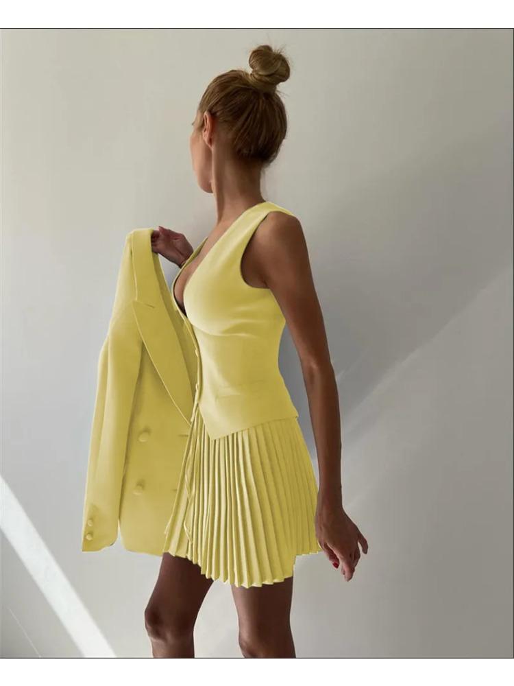 Summer Sexy Patchwork 2 Piece Set Women Elegant Single-breasted Tops + Pleated Mini Skirt Fashion Retro Solid Slim Office Lady Suits