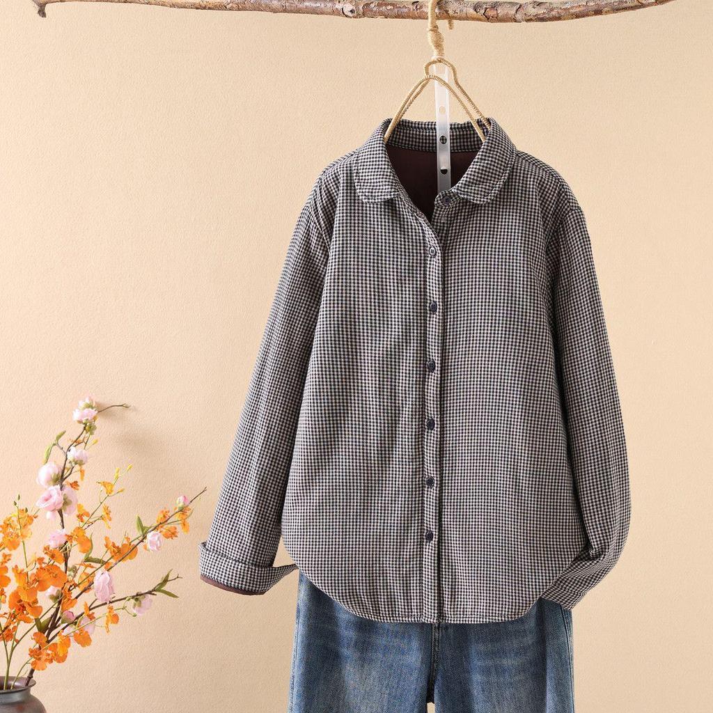 Women's Quilted Plaid Long-Sleeve Cotton Shirt with Doll Collar - Fall/Winter Collection