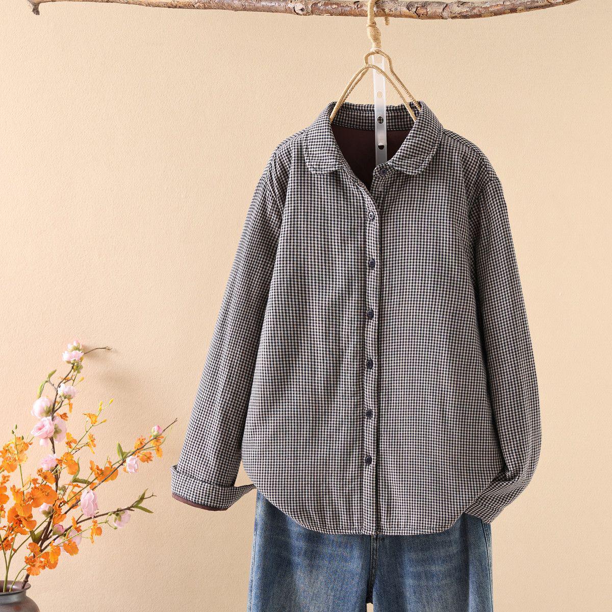 

Women s Quilted Plaid Long-Sleeve Cotton Shirt with Doll Collar - Fall/Winter Collection Large