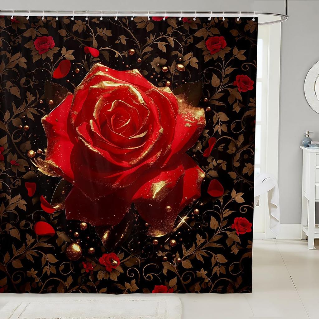 Rose Shower Curtain for Girls Couple Valentines Day Gift Romantic Floral Bath Curtain Botanical Flower Nature Bathroom Curtain