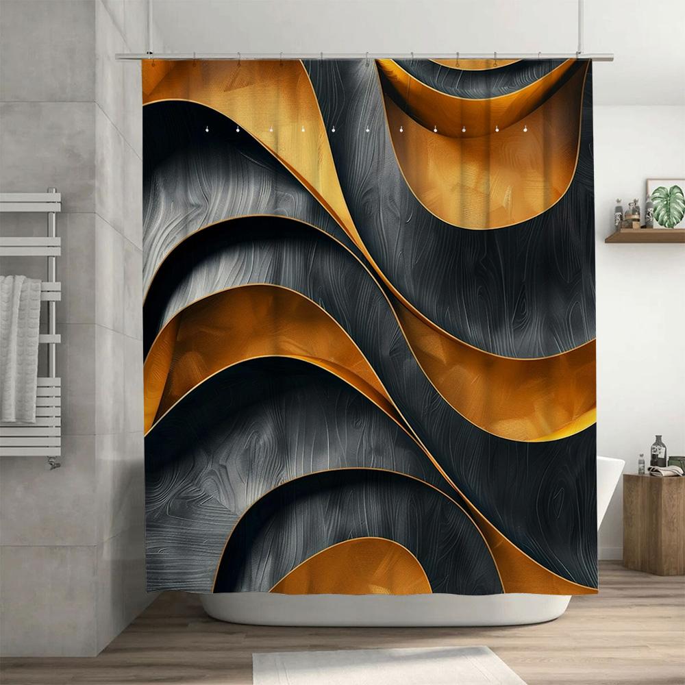 Luxury Modern Black Gold Wave Shower Curtain Set for Bathroom Decor High-Quality Polyester Waterproof Fabric (240cm x 180cm)