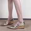 Französische Mary Jane High Heels Damen 2025 Frühling und Sommer neu gold ein Wort mit spitzer Zehenpartie flacher Ausschnitt Keilabsatz Temperament Einzelner Schuh