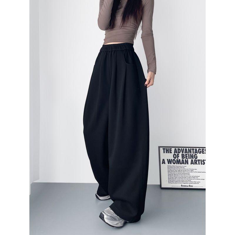 Black Sweatpants, Loose-Fitting Wide-Leg Pants for Women, Winter, for Chubby Girls, Lazy Style, Relaxed Fit, Fleece-Lined, Sporty Casual Pants