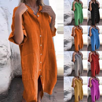 Women's Loose Casual Solid Color Medium Sleeved Cotton Linen Shirt Dress