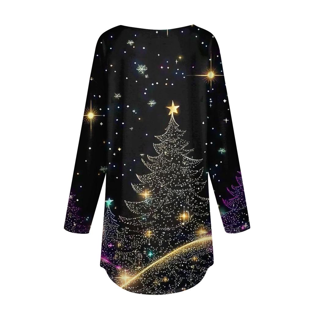 Women's Fashionable Loose-Fit Button-Down Collar Christmas Print Long-Sleeved Top