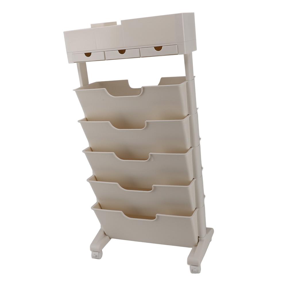 Mobiles Bücherregal Beige Abschließbare Räder mit 3 Schubladen Rollbarer Aufbewahrungswagen Kunststoff Multifunktional