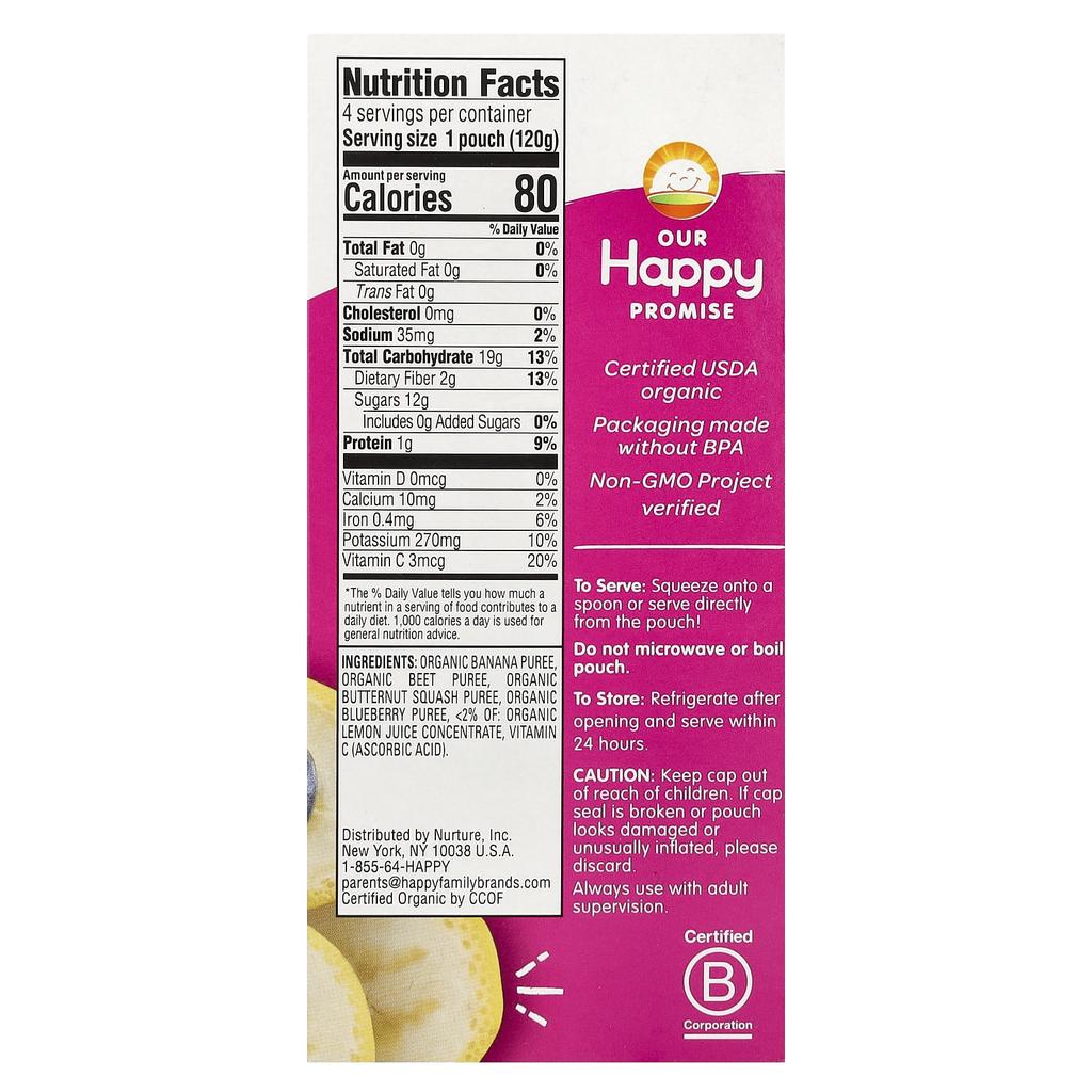 Happy Family Organics, Happy Tot, Love My Veggie, Stage 4, Organic Banana, Beets, Squash and Blueberries, 4 pouches, 4.22 oz (120 g) each