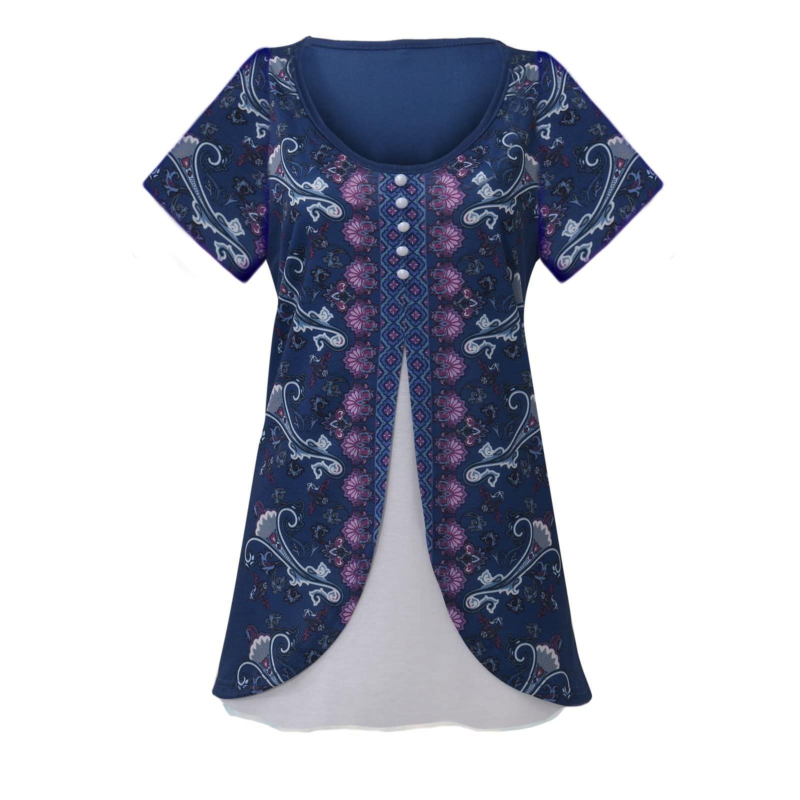 

Shirts For Women Short Sleeve Tops Dressy Summer Casual Printed V-neck Irregular Hem Blouses Tees S