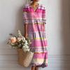 Damen V-Ausschnitt Aquarell Streifen Print Midi Kleid Locker Bohemian Lässig Sommerkleid Mit Taschen Sommerurlaub Strand Leinenmischung Langes Kleid