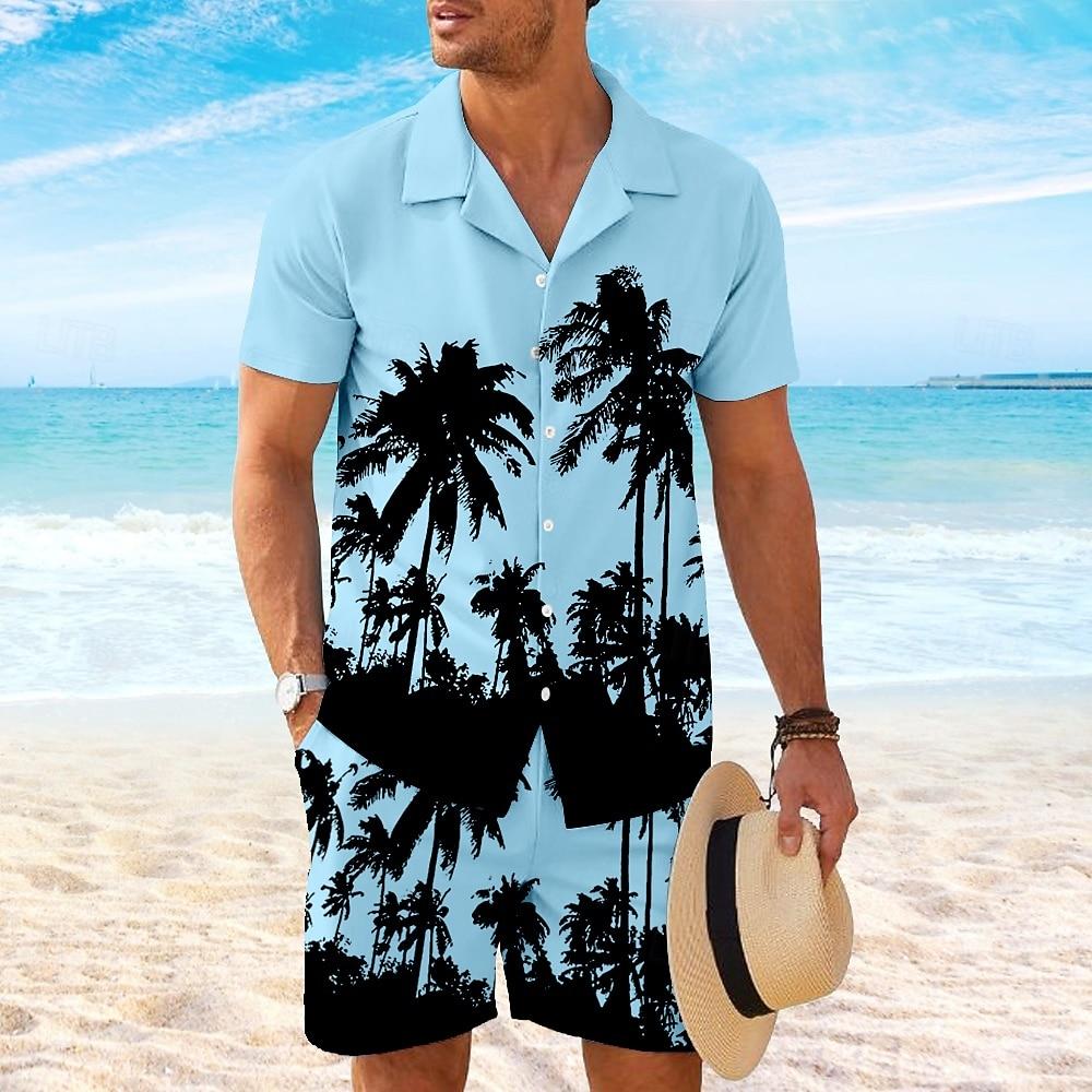 Men's Summer Sets Coconut Tree 3D Print Short Sleeve Tops +Shorts 2 Piece Hawaiian Beach Vacation Shirt Suit Fashion Men Outfit