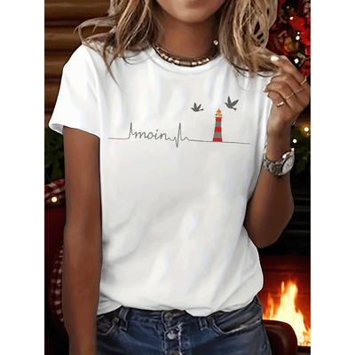 Heartbeat Watchtower On The Sea Romantic Graphic Print T-shirt, Short Sleeve Crew Neck Casual Top for Summer & Spring, Women's Clothing