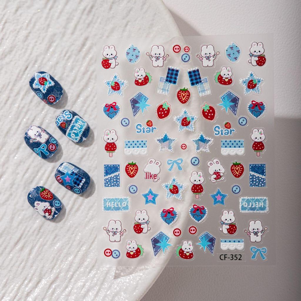 Retro Blue Denim Bunny Nail Art Stickers with Stars, Hearts, and Bow Embossed - Perfect for DIY Journals