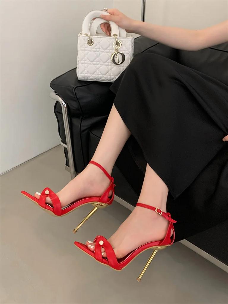 Metal Decoration Lace-Up Pointed Toe Thin High Heel Women Sandals Fashion Dress Shallow Mouth Narrow Band Stripper Pumps Size 41