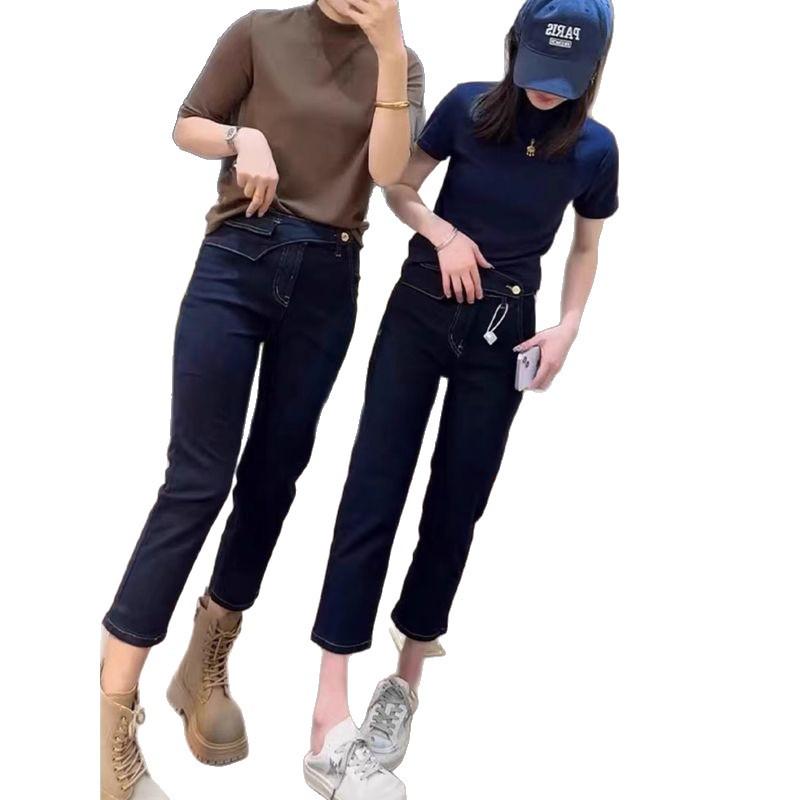 Plus Size High Waist Stretchy Cropped Jeans for Women - Slimming Straight Leg Pants for Spring & Autumn