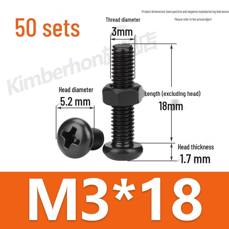 Complete Set of Black 304 Stainless Steel Phillips Round Head Screws and Nuts - M2M3M4M5M6MM.