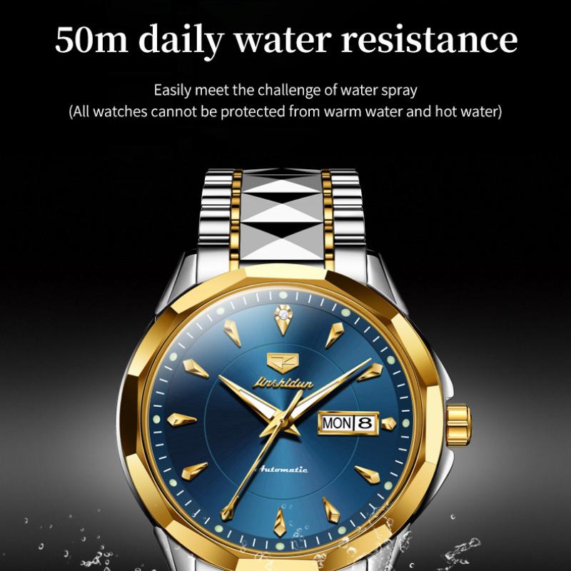 JINSHIDUN New Business and Leisure Men's Watch Automatic Mechanical Watch Tungsten Steel Double Calendar Luminous Waterproof High-end Watch