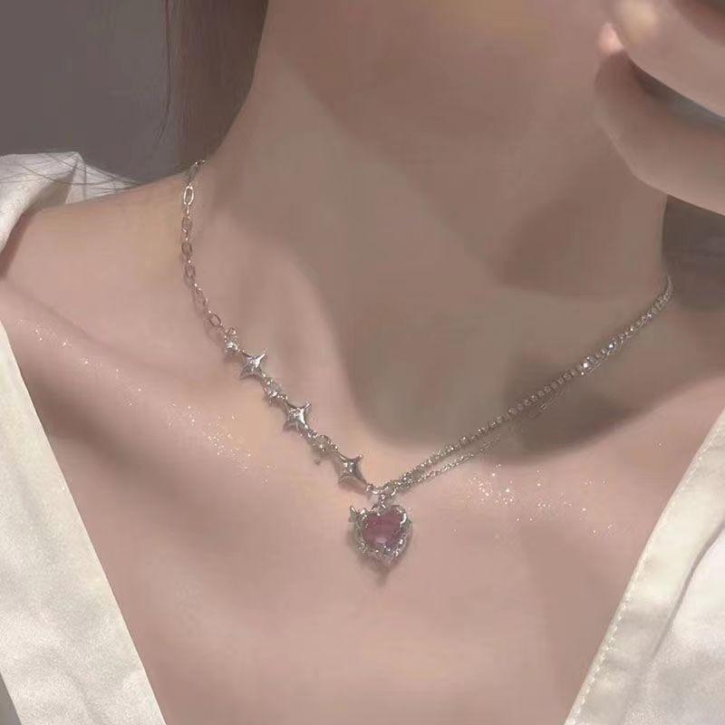 

Pink love zircon necklace women s niche light luxury high-end temperament collarbone chain new neck chain