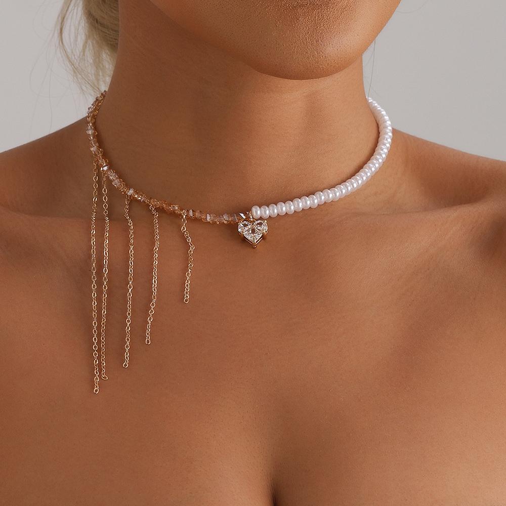 Vintage Cubic Zirconia Crystal Heart Pendant Geometric Crystal Imitation & Pearl Chain Necklace for Women Choker Jewelry N0499