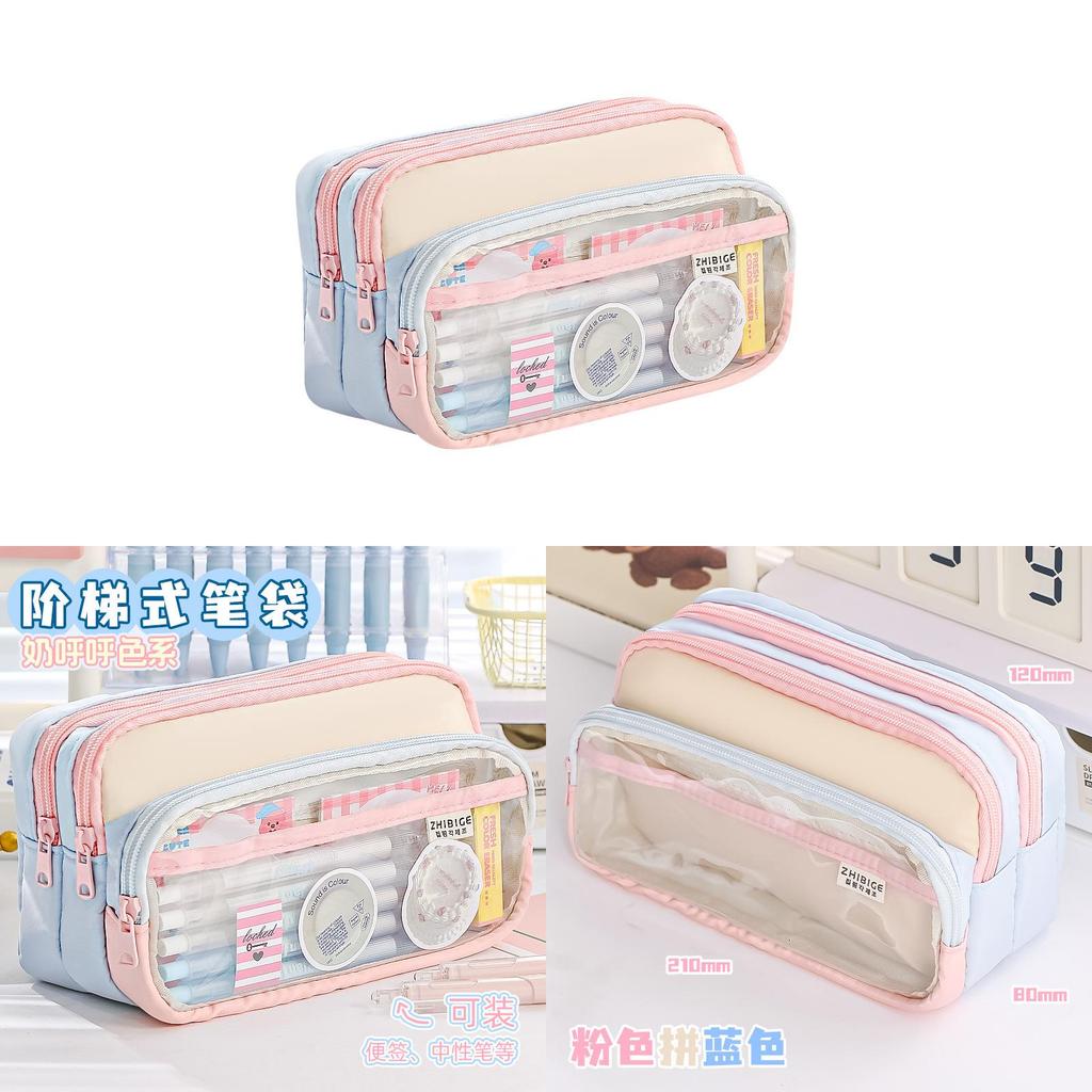 Kids Large Capacity Canvas Pen Bag With Transparent Pocket For School Stationery Storage