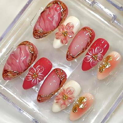 30 STUKS Druk op Type Kunstnagels Met Gouden Accenten En Abrikoos Transparant Effect Voor Thuismanicure of Salon Gebruik