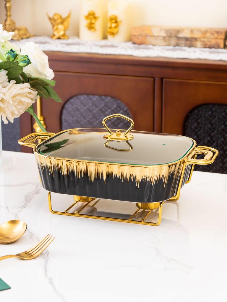 Rectangular Golden Ceramic Baking Casserole Pot with Stand