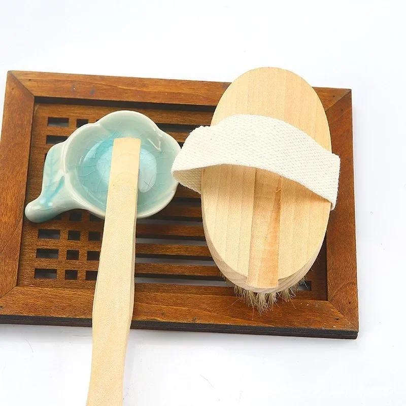 Bade- und Rückenbürste mit langem Griff, für nasse und trockene Haut, Körperpeeling, natürliche, weiche Holzbürste, Rückenmassage, Duschzubehör